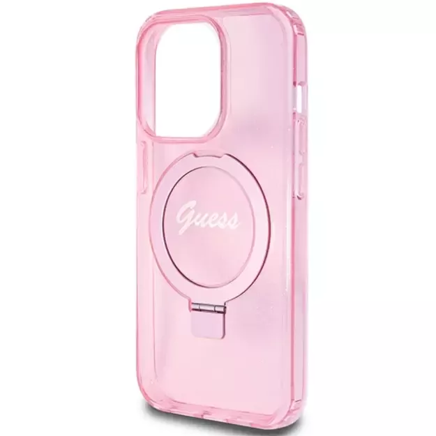Guess Ring Stand Script Glitter MagSafe case for iPhone 15 Pro - pink 5
