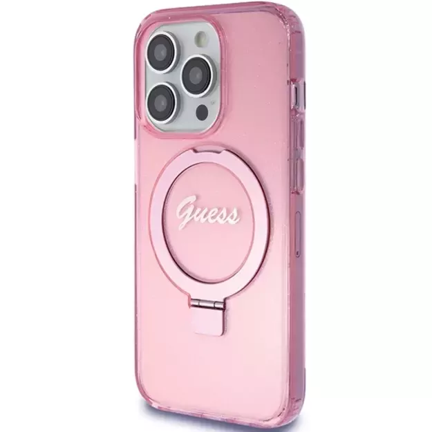 Guess Ring Stand Script Glitter MagSafe case for iPhone 15 Pro - pink 1