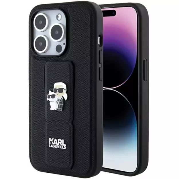 Karl Lagerfeld Gripstand Saffiano Karl&amp Choupette Pins case for iPhone 15 Pro - black
