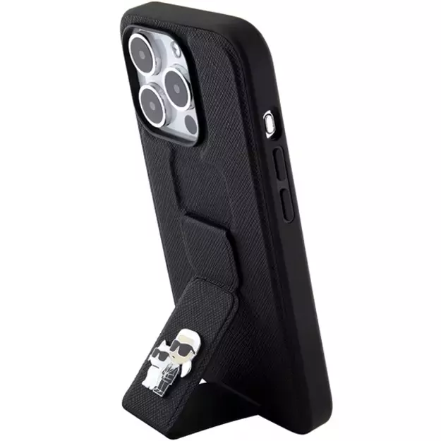Karl Lagerfeld Gripstand Saffiano Karl&amp Choupette Pins case for iPhone 15 Pro - black 1