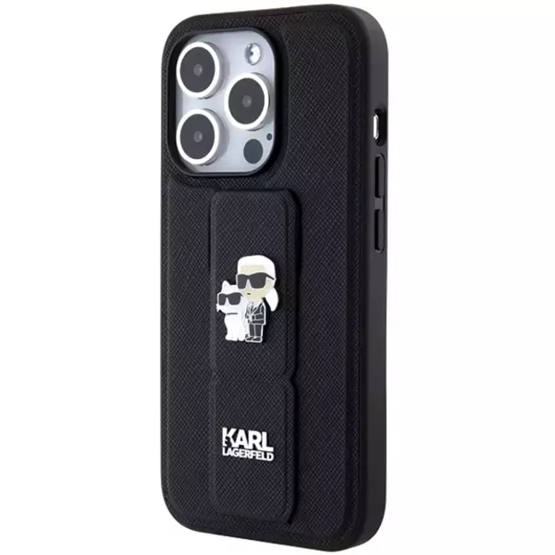 Karl Lagerfeld Gripstand Saffiano Karl&amp Choupette Pins case for iPhone 15 Pro - black 2