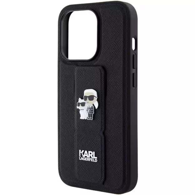 Karl Lagerfeld Gripstand Saffiano Karl&amp Choupette Pins case for iPhone 15 Pro - black 6