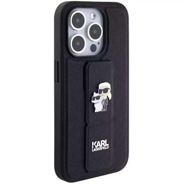 Karl Lagerfeld Gripstand Saffiano Karl&amp Choupette Pins case for iPhone 15 Pro - black 4