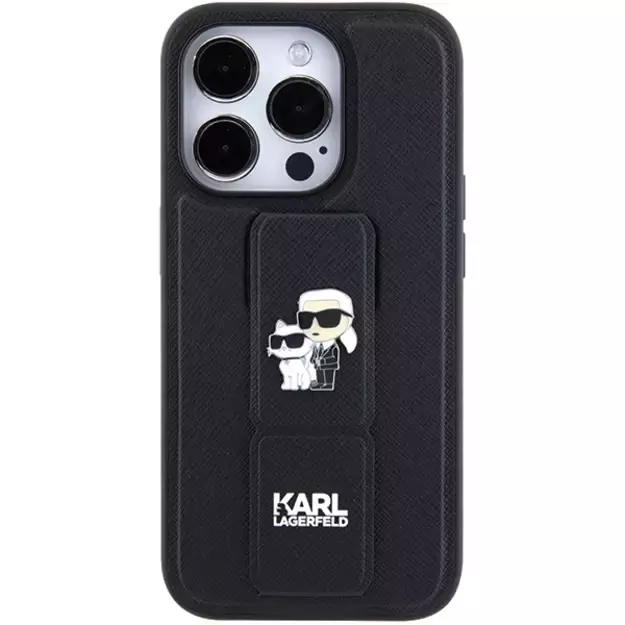 Karl Lagerfeld Gripstand Saffiano Karl&amp Choupette Pins case for iPhone 15 Pro - black 3