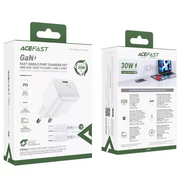 Acefast A77 Mini PD 30W GaN wall charger + USB-C cable - white 12