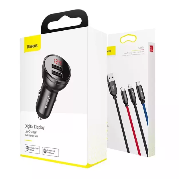 Baseus 2x USB 4.8A 24W car charger with LCD + 3in1 cable USB - USB Type C / micro USB / Lightning 1.2m black (TZCCBX-0G) 16