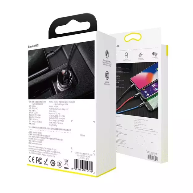 Baseus 2x USB 4.8A 24W car charger with LCD + 3in1 cable USB - USB Type C / micro USB / Lightning 1.2m black (TZCCBX-0G) 17