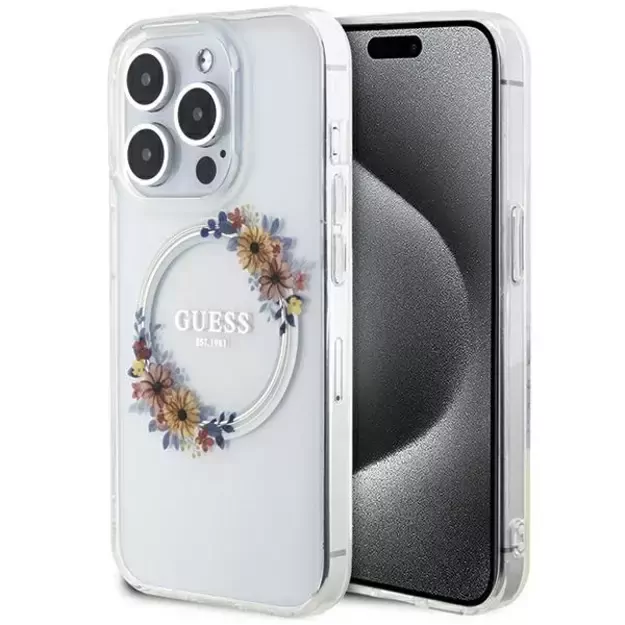 Guess IML Flowers Wreatch MagSafe iPhone 15 Pro Max Case - Clear