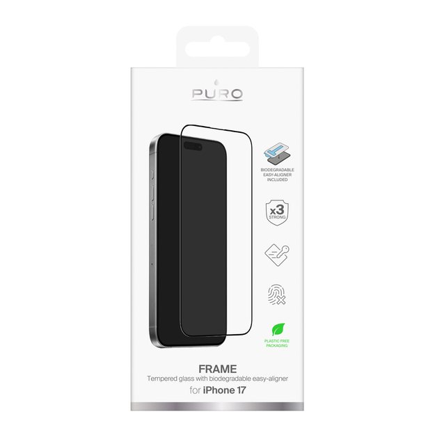 Puro Frame tempered glass for iPhone 17 with applicator and black frame 1