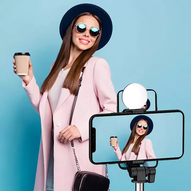 Selfie stick WR1YXS telescopic tripod 0.71m with round lamp - black 12
