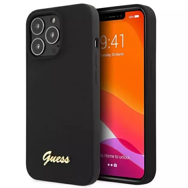Guess GUHMP13LLSLMGBK iPhone 13 Pro / 13 6.1&quot  black/black hardcase Silicone Script Gold Logo MagSafe 1