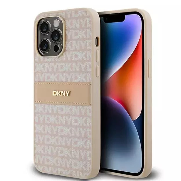 DKNY Leather Mono Stripe &amp  Metal Logo case for iPhone 14 Pro - pink