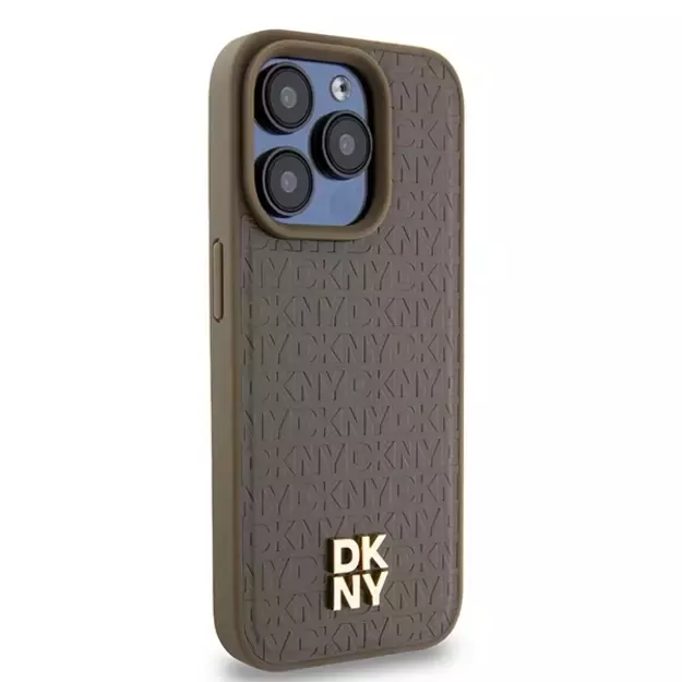 DKNY Leather Monogram Pattern Metal Logo MagSafe Case for iPhone 15 Pro - Brown 9