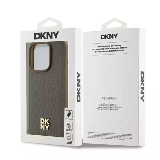 DKNY Leather Monogram Pattern Metal Logo MagSafe Case for iPhone 15 Pro - Brown 13