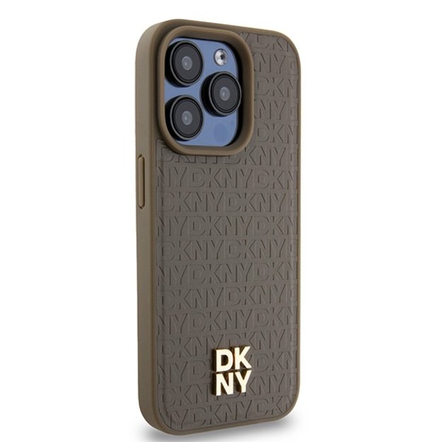 DKNY Leather Monogram Pattern Metal Logo MagSafe Case for iPhone 15 Pro - Brown 14
