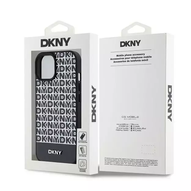 DKNY Leather Printed Pattern Metal Logo MagSafe Case for iPhone 15/14/13 - Black 14