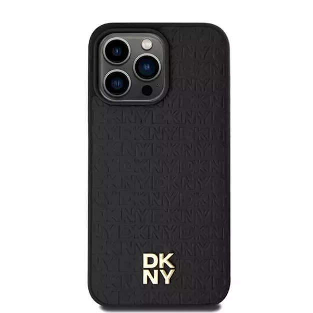 DKNY Leather Monogram Pattern Metal Logo MagSafe Case for iPhone 15 Pro Max - Black 2