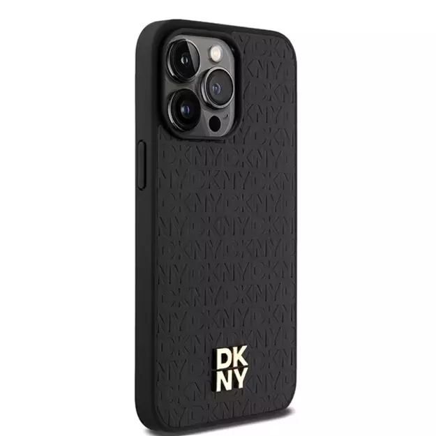 DKNY Leather Monogram Pattern Metal Logo MagSafe Case for iPhone 15 Pro Max - Black 3