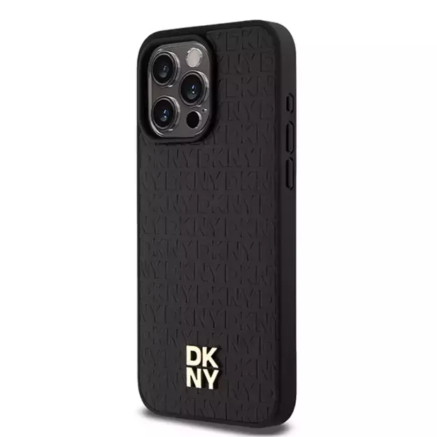 DKNY Leather Monogram Pattern Metal Logo MagSafe Case for iPhone 15 Pro Max - Black 1