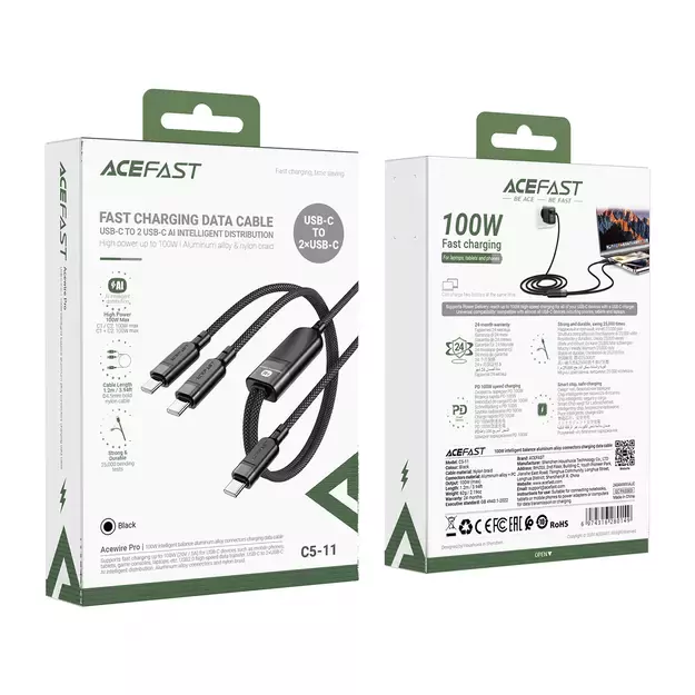 Acefast C5 USB-C - USB-C / USB-C 2in1 100W 480Mb/s cable - black 10