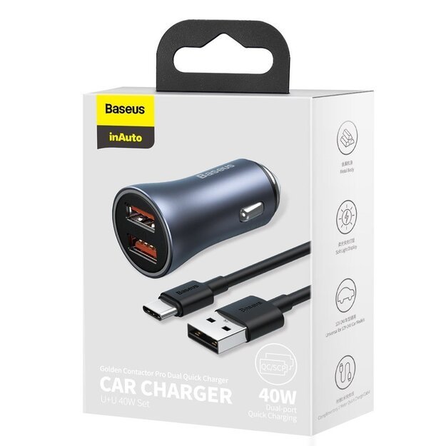 Baseus Golden Contactor Pro fast car charger 2x USB 40 W Quick Charge SCP FCP AFC + USB cable - USB Type C gray (TZCCJD-A0G) 7