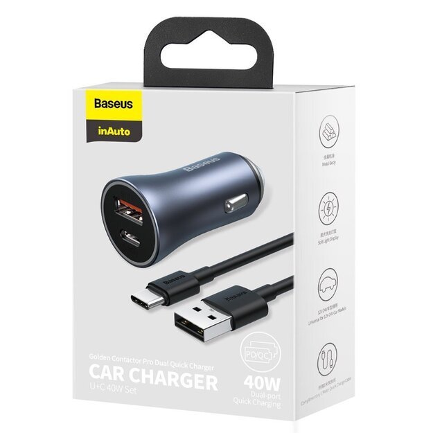 Baseus Golden Contactor Pro car charger USB-C / USB-A 40W PD QC 4+ SCP FCP AFC + cable - gray 4