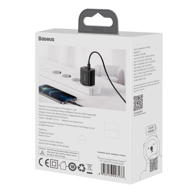 Baseus Compact fast charger USB / USB Type C 20W 3A Power Delivery Quick Charge 3.0 black (CCXJ-B01) 8
