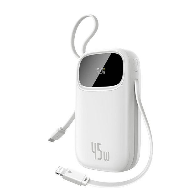 Baseus EnerFill FC31 20000mAh 45W Powerbank with Digital Display and 2 Built-in Cables (USB-C + Lightning) - White