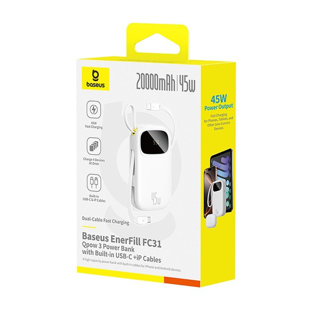 Baseus EnerFill FC31 20000mAh 45W Powerbank with Digital Display and 2 Built-in Cables (USB-C + Lightning) - White 2
