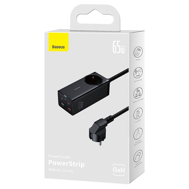Baseus GaN3 Pro 65W EU Charging Station + 2 x USB-C + 2 x USB-A with Baseus Xiaobai USB-C 100W 1m Cable - Black 9