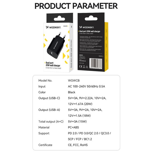 Wozinsky WGWCB USB-A USB-C 20W wall charger - black 4