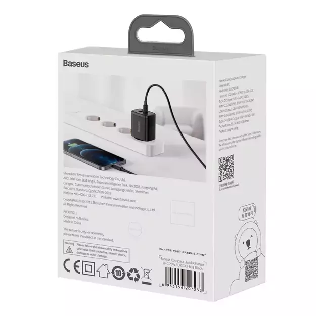 Baseus Compact fast charger USB / USB Type C 20W 3A Power Delivery Quick Charge 3.0 black (CCXJ-B01) 8