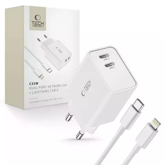 Tech-Protect C35W 2x USB-C PD 35W Wall Charger with USB-C / Lightning Cable - White