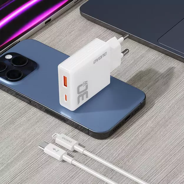 GaN Dudao A30EUL 30W USB-A / USB-C Wall Charger + USB-C - Lightning Cable - White 7