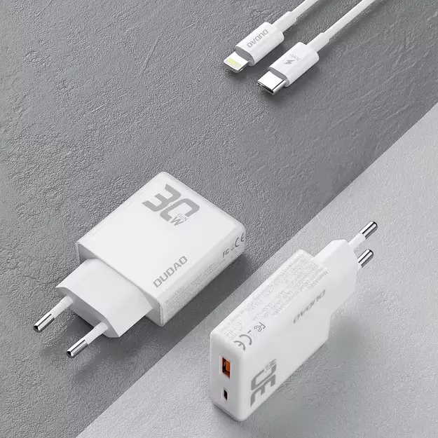 GaN Dudao A30EUL 30W USB-A / USB-C Wall Charger + USB-C - Lightning Cable - White 2