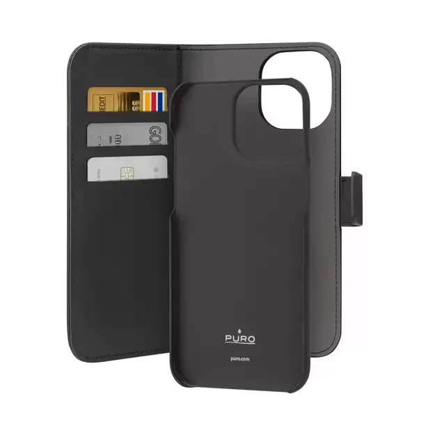 Puro Wallet Detachable MagSafe 2in1 PU Leather Case with Flap and Wallet for iPhone 15 Pro - Black 2