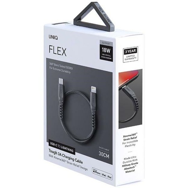 Uniq Flex USB-C / Lightning 18W nylon cable 30 cm - gray 1