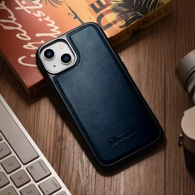 iCarer Leather Oil Wax case covered with natural leather for iPhone 14 blue (WMI14220717-BU) 12