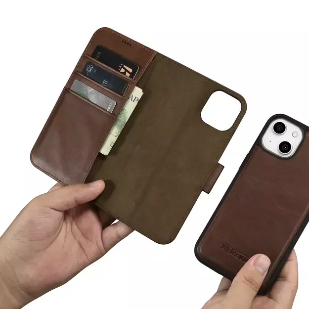 iCarer Oil Wax Wallet Case 2in1 Case iPhone 14 Leather Flip Cover Anti-RFID Brown (WMI14220721-BN) 24