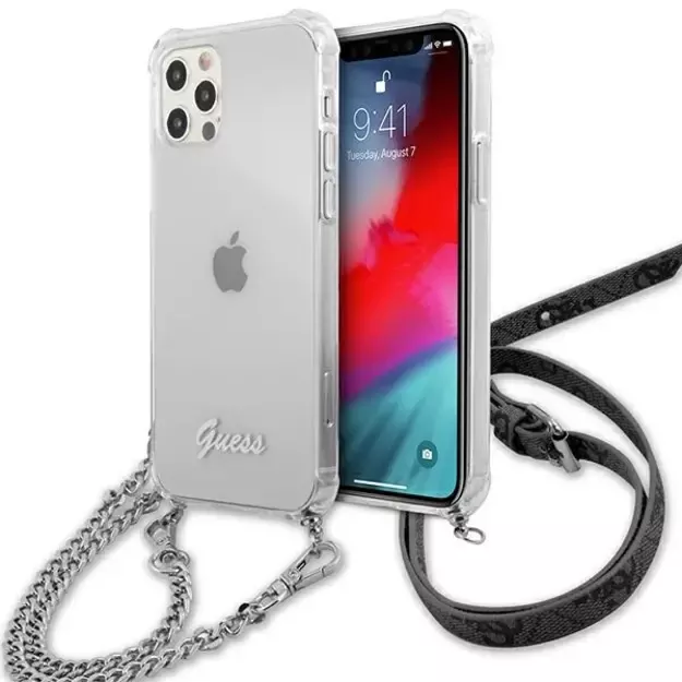 Guess GUHCP12MKC4GSSI iPhone 12/12 Pro 6.1&quot  Transparent hardcase 4G Silver Chain