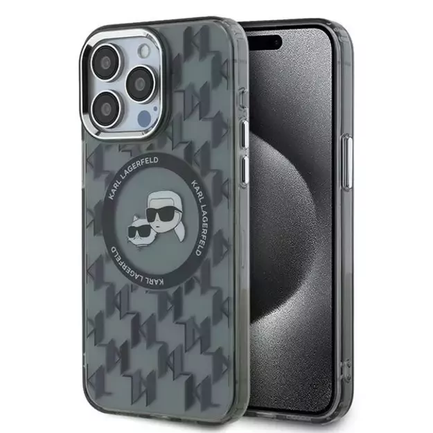 Karl Lagerfeld IML Monogram Karl &amp  Choupette Head MagSafe Case for iPhone 15 Pro Max - Black
