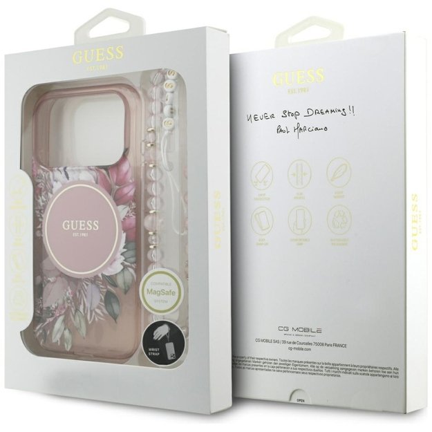 Guess IML Flowers Pearl Strap MagSafe Case for iPhone 17 Pro - Pink 7