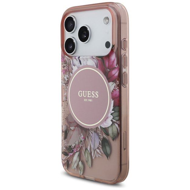 Guess IML Flowers Pearl Strap MagSafe Case for iPhone 17 Pro - Pink 2