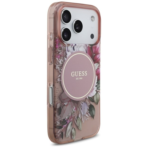 Guess IML Flowers Pearl Strap MagSafe Case for iPhone 17 Pro - Pink 3