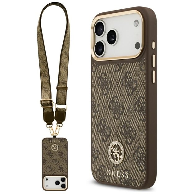 Guess 4G Strass Logo &amp  Big Strap Metal Buttons MagSafe Case for iPhone 17 Pro Max - Brown