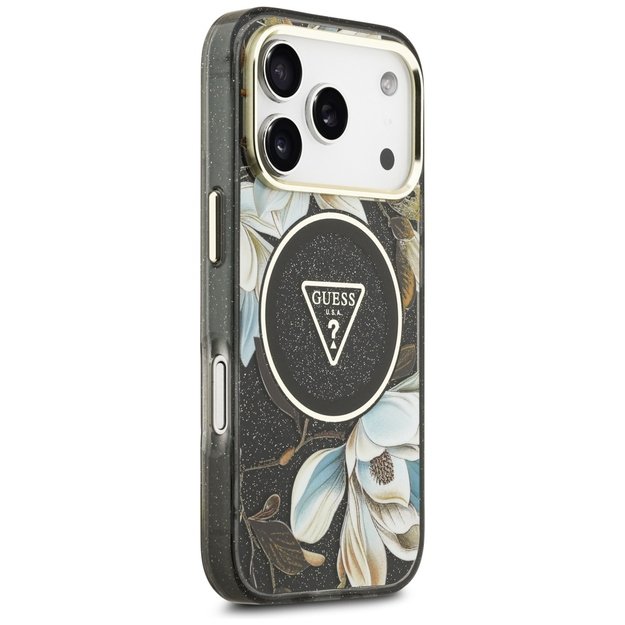 Guess IML Glitter Flowers Triangle MagSafe case for iPhone 17 Pro - black 3