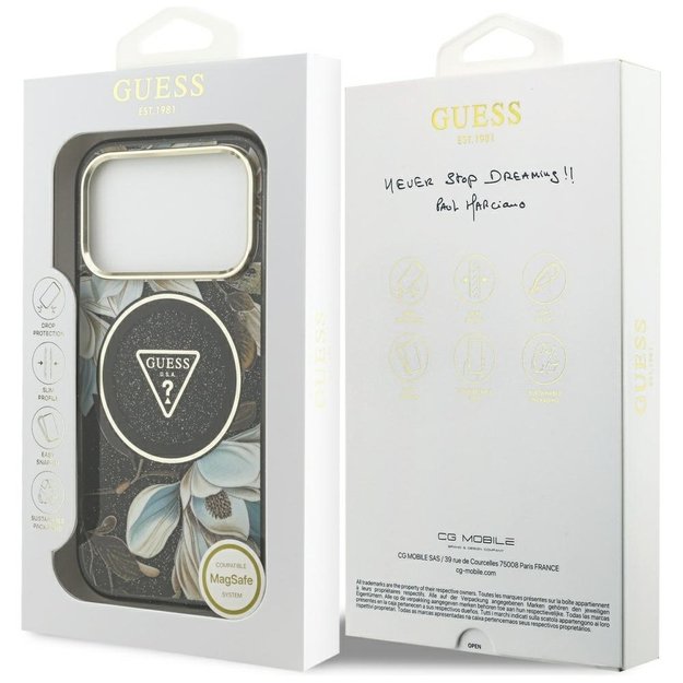 Guess IML Glitter Flowers Triangle MagSafe case for iPhone 17 Pro - black 7