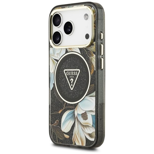 Guess IML Glitter Flowers Triangle MagSafe case for iPhone 17 Pro - black 1