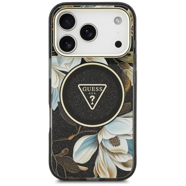 Guess IML Glitter Flowers Triangle MagSafe case for iPhone 17 Pro - black 2
