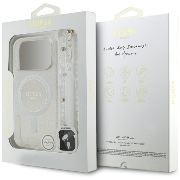 Guess IML Glitter Pearl Strap MagSafe Case for iPhone 17 Pro - Transparent 7